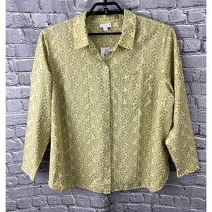 J. Jill Women’s 2X Button Front Paisley Embroidered  Blouse Green Long Sleeve